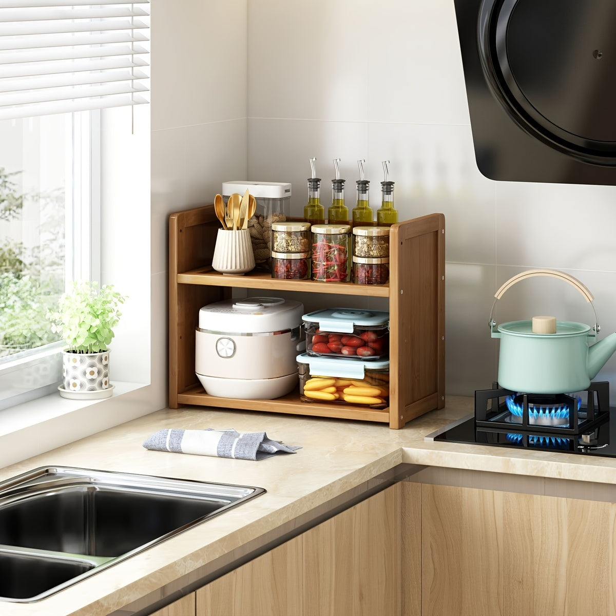 Large freestanding organizer made of brown hardwood, designed with open shelves for kitchen storage. Easy assembly with no power needed, perfect for home and kitchen use.