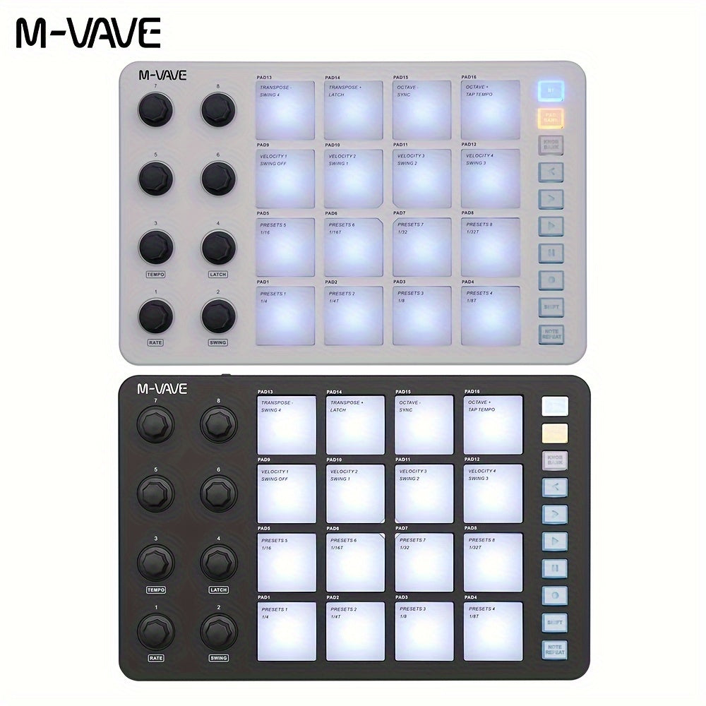 Portable MIDI controller with USB charging, 2000mAh battery, wireless capabilities, ≤36V voltage, and USB-C interface, ideal for percussion keyboard use.