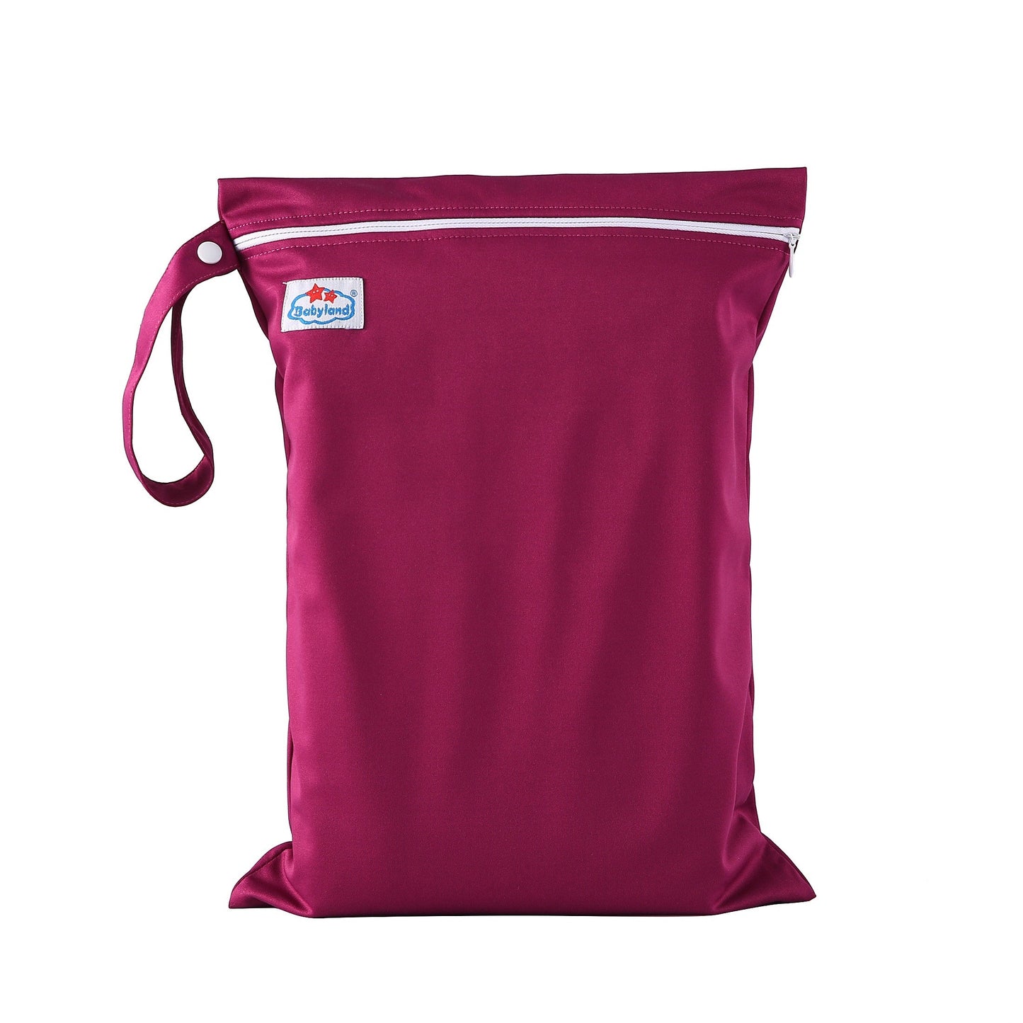 Reusable wet bag that is waterproof, perfect for cloth diapers, the beach, pool, gym, swimsuits, wet clothes, and travel. Features a single pocket and measures 29.21x39.88cm.