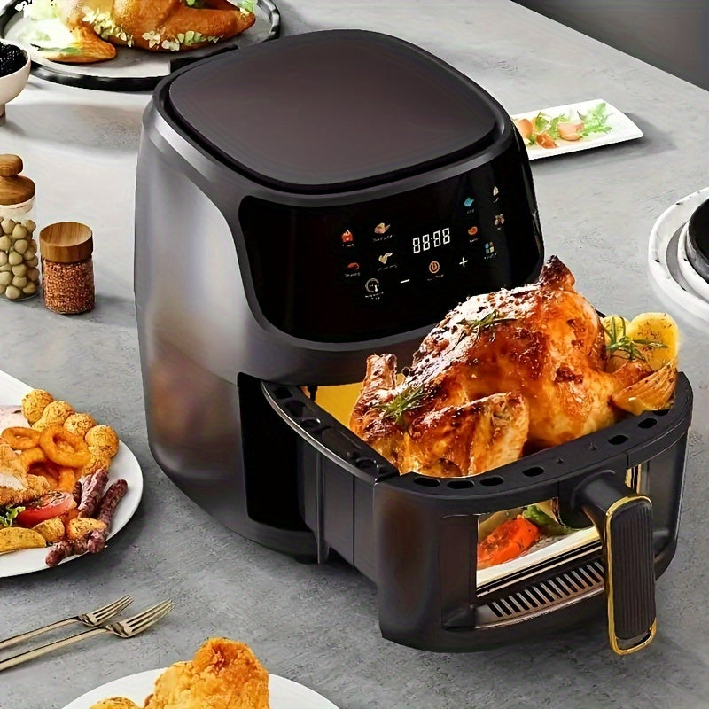 6 Qt Air Fryer Oven with 8 presets, European standard plug, touchscreen display, stainless steel basket, grill, broil, dishwasher safe parts, 1350W electric 220-240V.