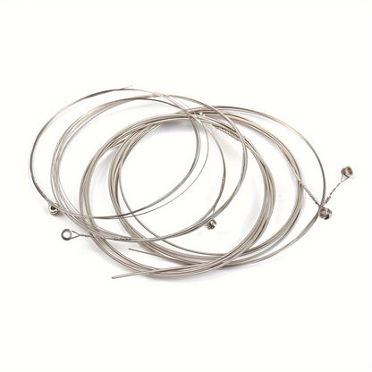 6-piece set of electric guitar strings made of nickel-plated high carbon steel. Suitable for beginners, replacement, and practice. Compatible with various electric guitar music styles.