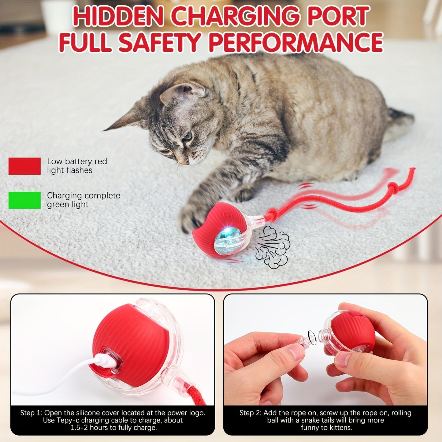 360° Smart Rolling Pet Ball Toy for Cats and Dogs - Interactive Indoor Play, USB Rechargeable, Red Silicone Ball with Rope Handle, Cloud Pattern Design, Fast Carpet Rolling, All Breed Sizes