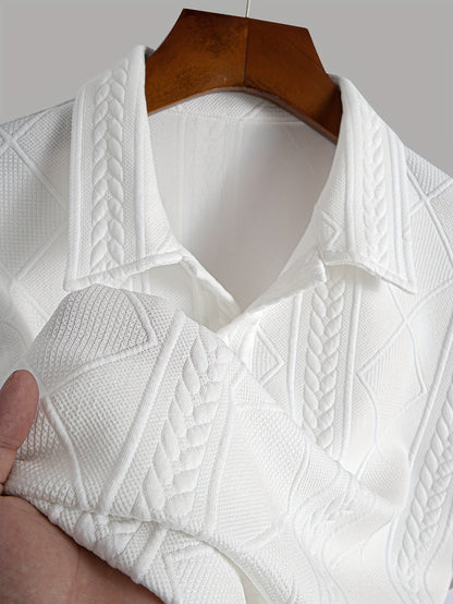 Casual and chic men's shirt with geometric pattern, lapel collar, and short sleeves, made of pure cotton knit fabric for summer wear.