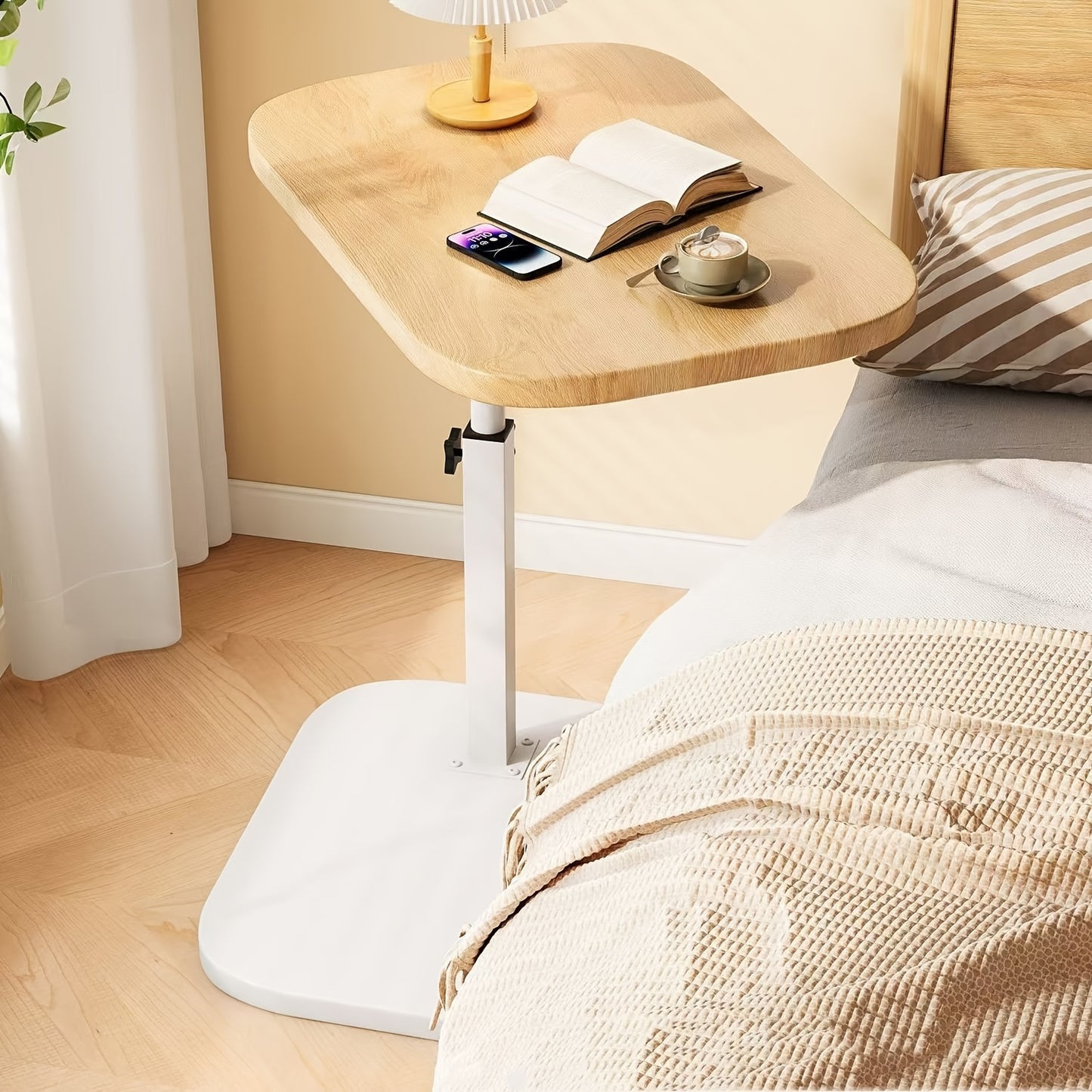 Multi-functional side table with adjustable height, wooden top and iron frame, ideal for various living spaces.