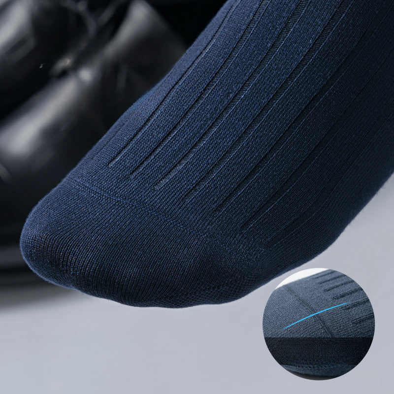 5 sets of 5-color combination Men's spring and summer socks with a simple business style, comfortable and breathable double needle knit polyester socks for year-round wear.