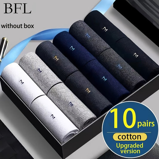 10pcs Men's Business Cotton Blend Crew Socks with Alphabet Pattern, Knit Fabric, Machine Washable, Polyester 15%, Elastane 5%