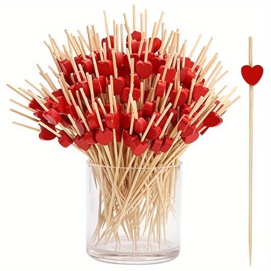 100 Red Heart Bamboo Cocktail Picks, perfect for weddings, birthdays, Christmas, Thanksgiving, and New Year parties.