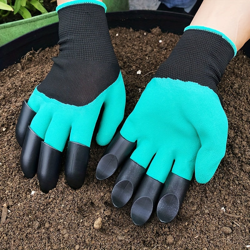 Waterproof gardening gloves with claws for digging and planting - puncture-resistant latex, hand washable outdoor protection for flowers and vegetables, in green and black design.