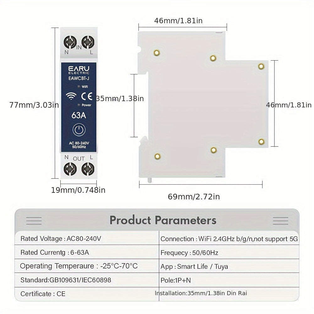 Smart WiFi Circuit Breaker with Voice Control - 63A, Energy Metering, Overload Protection, App Control, Alexa & Google Assistant Compatible - EARUELETRIC