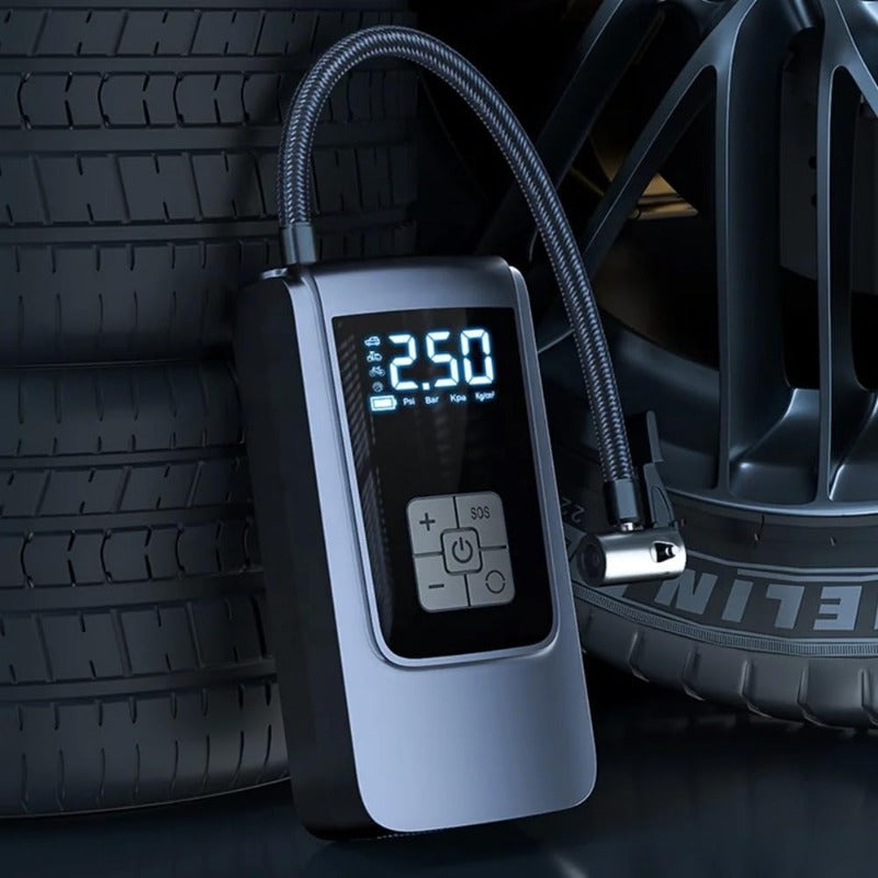 Portable 150PSI Tire Inflator with LED Screen, Rechargeable Battery, USB Charging, for Vehicles and Sports Equipment.