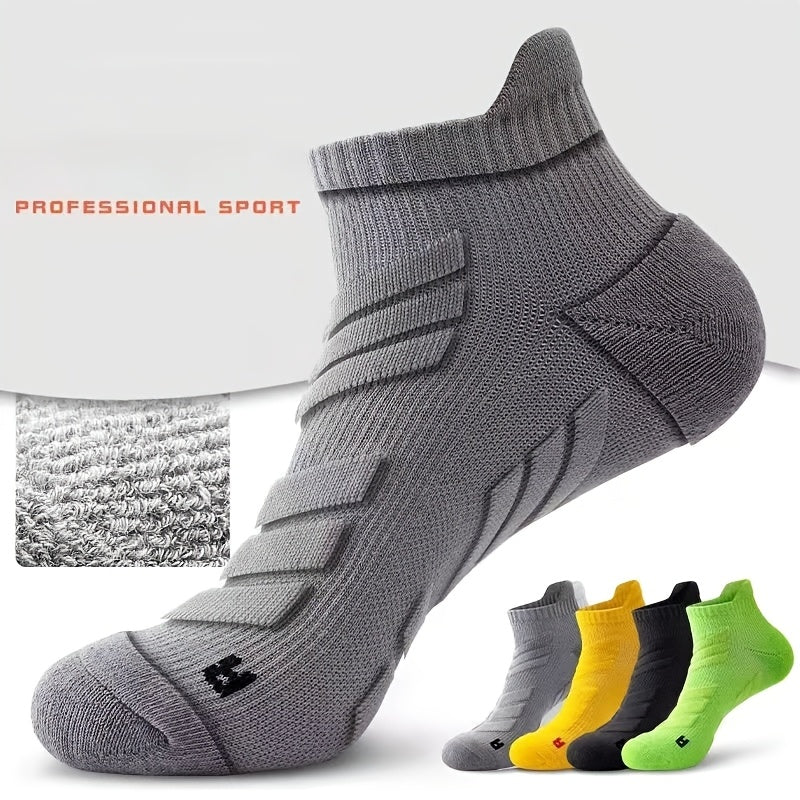 5 pairs of men's sports socks with anti-slip, thick towel bottom, breathable fabric, shock absorption, ankle support. Made of 90% polyester and 10% spandex for basketball, running