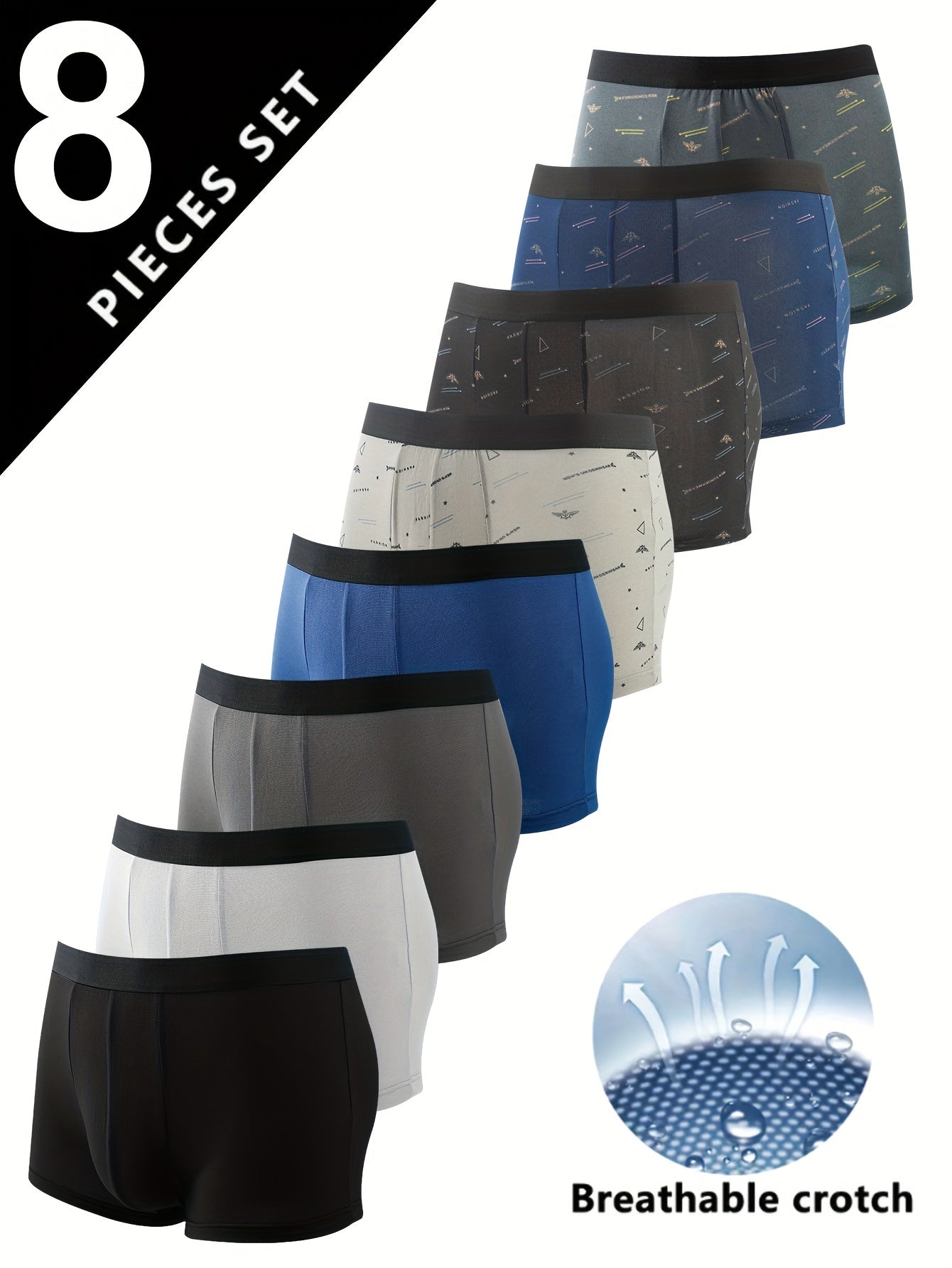 Set of 8 Men's Boxer Briefs made from breathable polyester and spandex blend with stylish prints. Machine washable and non-transparent.