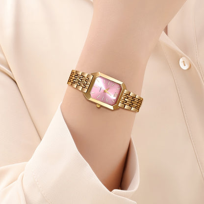 Chic women's quartz watch with elegant design, analog display, golden-tone rectangle case, stylish multi-color dial, shockproof alloy construction for daily wear and business casual.