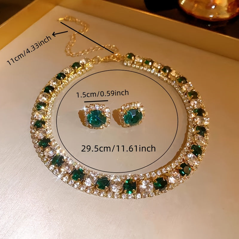 Beautiful Green Rhinestone Necklace and Earrings Set for Women, featuring a Luxurious Iron Clavicle Chain with 925 Sterling Silver Posts. Ideal Gift for Women, Perfect for Christmas Season Parties and Events. Stunning Rhinestone Decorations. Accessorize