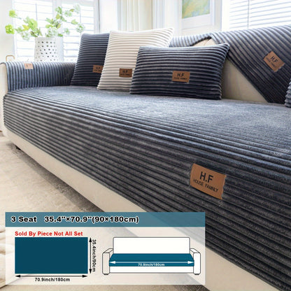 Modern striped sofa cover made of thick flannel fabric, pet-friendly and non-slip. Suitable for 1 to 4-seater sofas, soft and machine washable. Perfect for home and office decor.