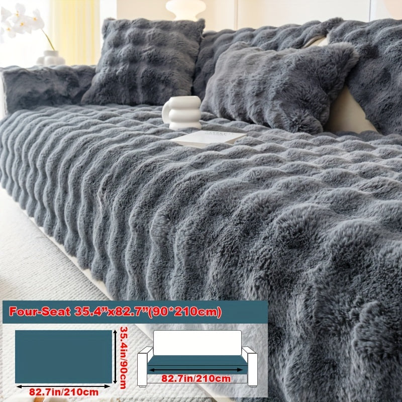 Imitation rabbit plush sofa cover for winter warmth, non-slip protection for furniture in home or office.