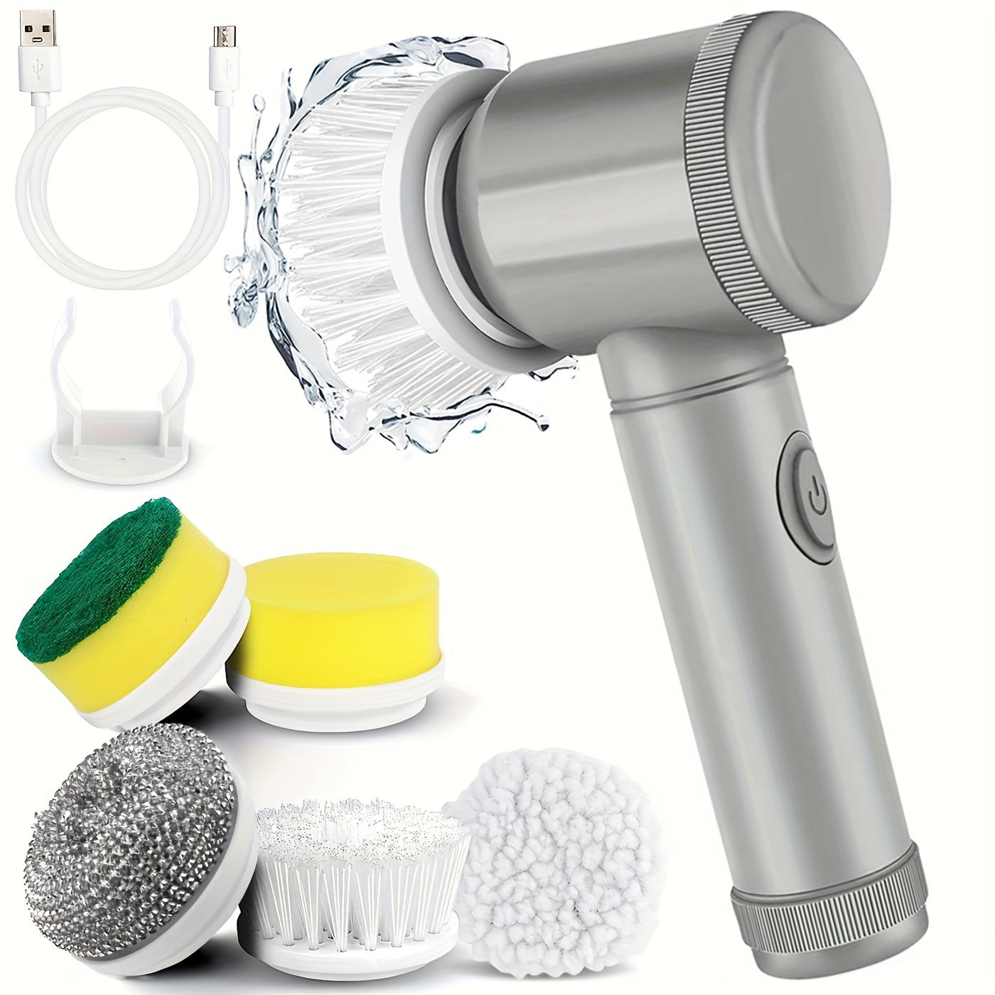 A collection of electric rotating scrubbers that includes 5 interchangeable brush heads, a cordless electric cleaning brush, and a handheld rechargeable shower scrubber. Ideal for use in bathrooms, kitchens, bathtubs, tiles, showers, and various cleaning