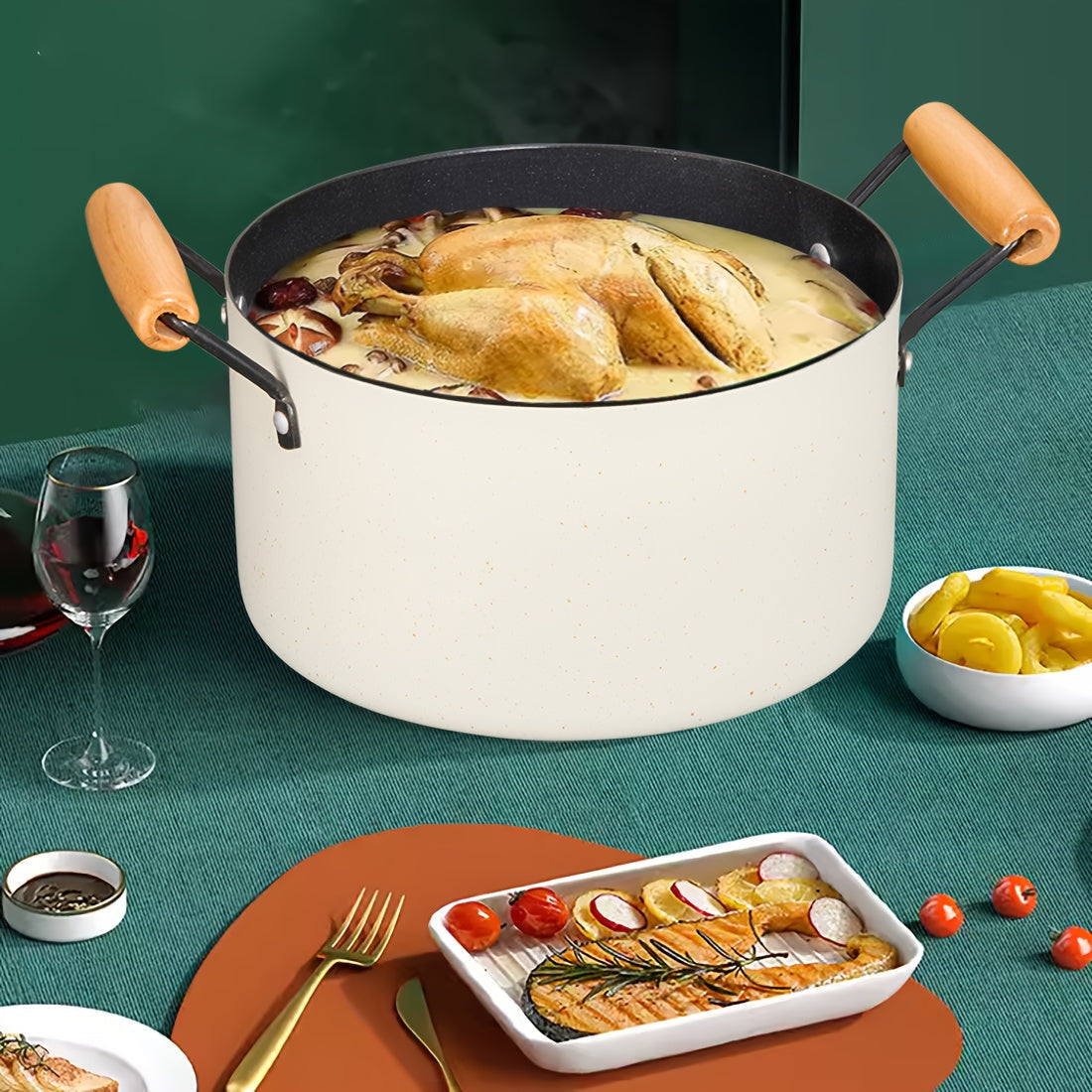 High-quality Soup Pot with Non-Stick Cast Iron and Tempered Glass Lid - Durable, Easy-to-Clean Cooking and Steaming Pan for Your Home Kitchen