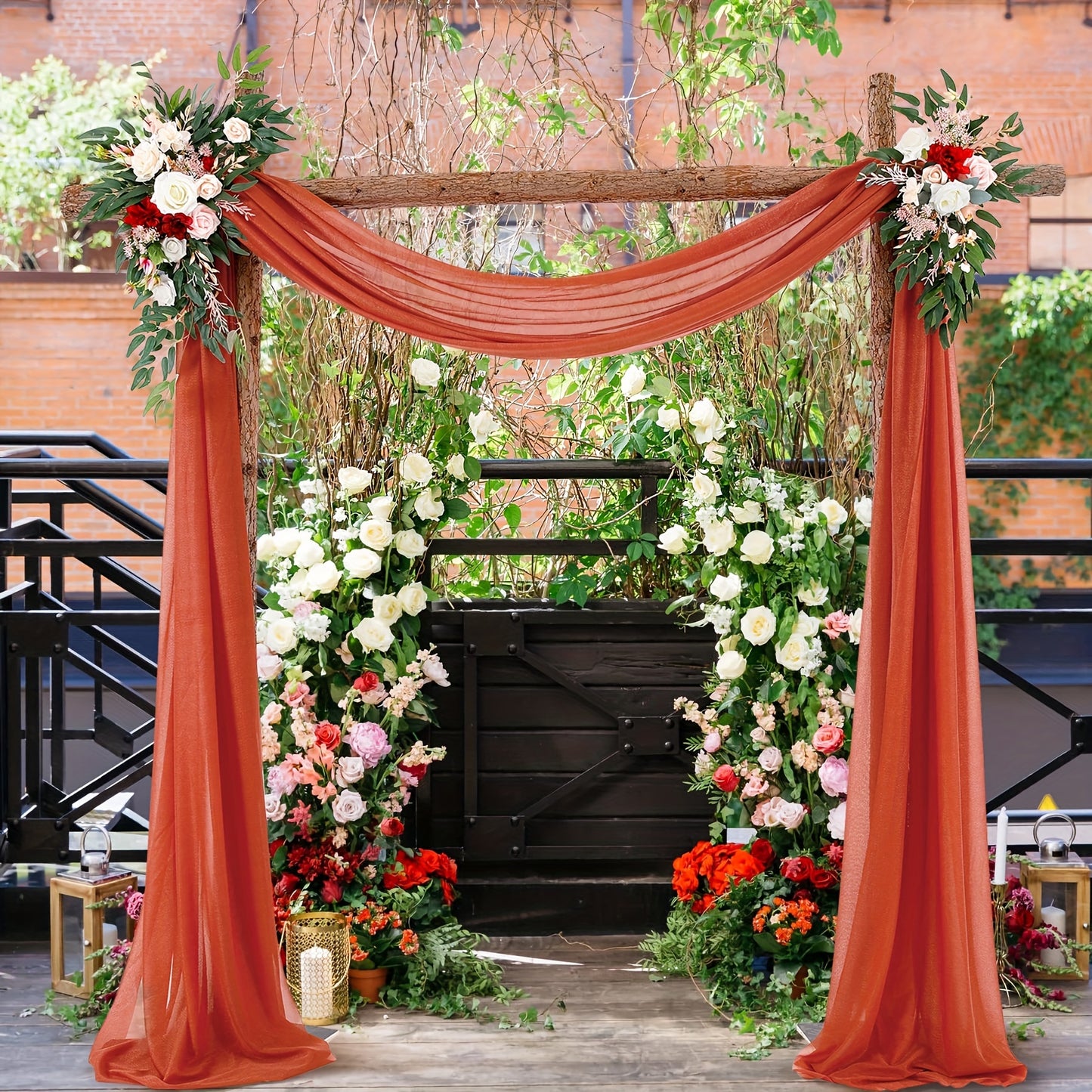 Polyester sheer fabric draping panel for wedding arch, backdrop curtain voile drapery for woodland ceremony, party decor, outdoor reception table runner.