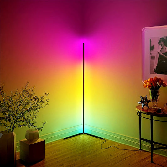 Illuminate your space with the YETHKE RGB Corner Floor Lamp featuring APP & Remote control. Enjoy Music Sync, DIY Colors, and Dimmable settings for a personalized lighting experience. This USB-Powered Metal Night Light is perfect for Christmas, Home &