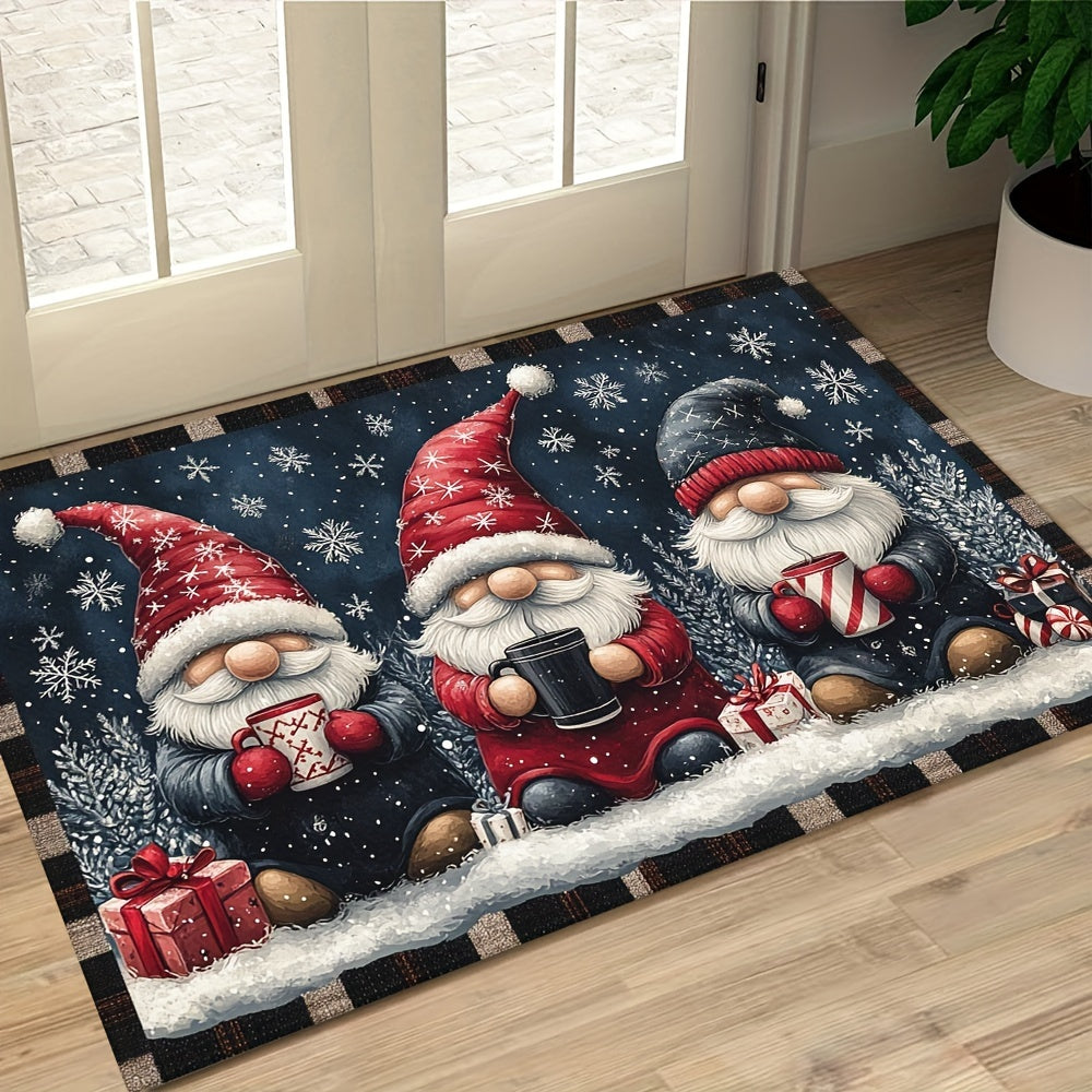 Get into the holiday spirit with the Festive Christmas Gnome Doormat! This non-slip, washable doormat is made of polyester with a rubber backing for durability. Machine-made in a rectangular shape, this welcome mat is perfect for home decor. Lightweight