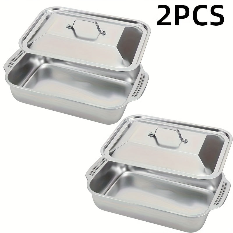 2 Piece Set of Nonstick Stainless Steel Roasting Pans with Lids - Heavy-Duty Rectangular Roaster for Various Uses, Including Baking, Grilling, Serving, and Heating. Perfect for Holiday and Special Events like Christmas, Halloween, Easter, and