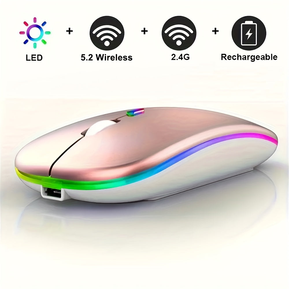 Rechargeable wireless gaming mouse with LED backlight, dual-mode 2.4G/5.2, slim design for laptops and desktops.