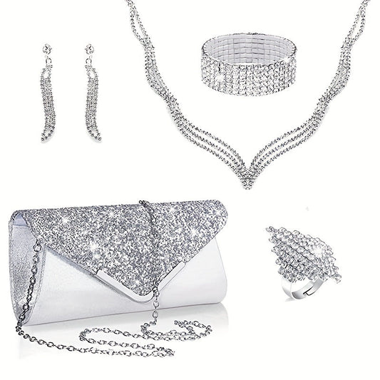 Luxurious jewelry set featuring 6 pieces of earrings, necklace, bracelet, ring, and bag, all adorned with sparkling rhinestones. Perfect for adding a touch of elegance to your evening party attire.