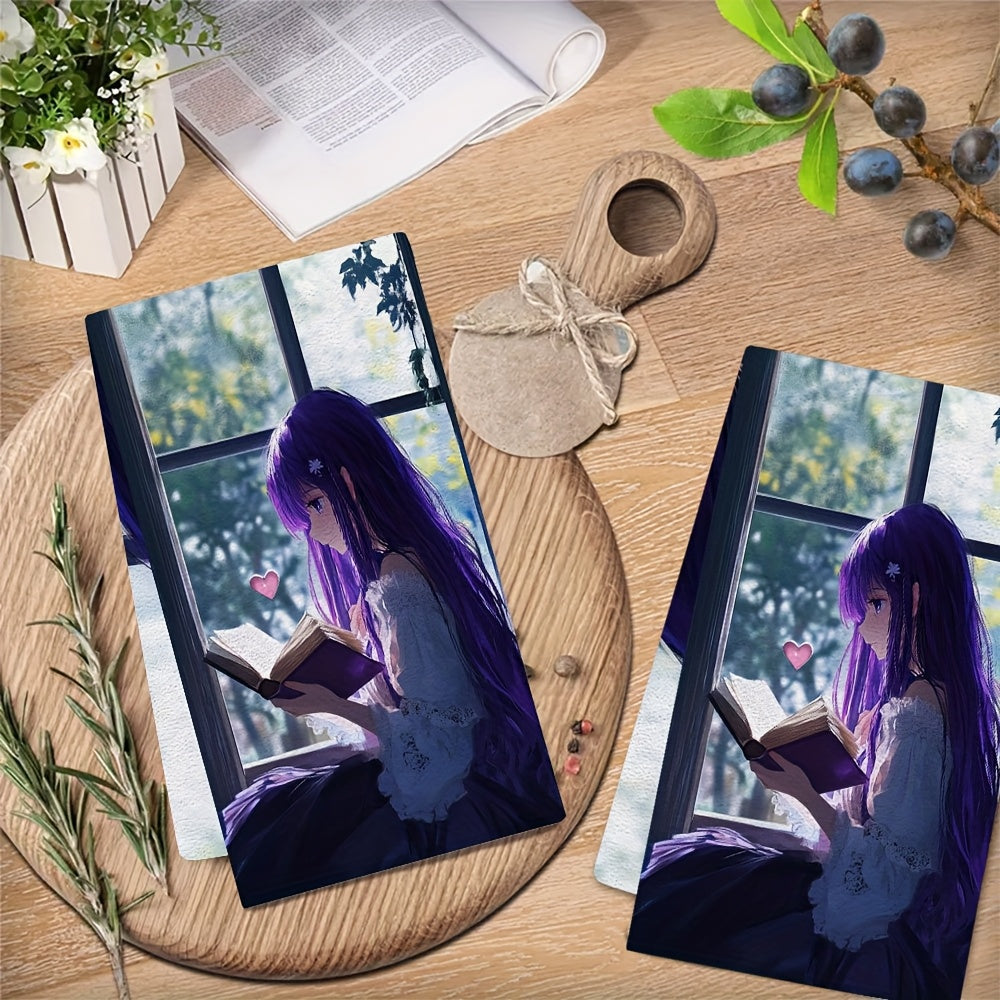 This set includes 2 ultra-soft kitchen towels adorned with an anime girl with long purple hair reading a heart-shaped book by a window. These highly absorbent dish towels are ideal for holiday decoration and can be easily washed in a machine. They