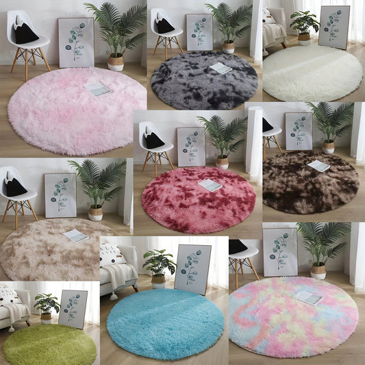 Round area rug made of ultra-soft plush material that is cute, fluffy, and non-slip. Perfect for use in the living room, bedroom, nursery, playroom, or dorm. Made of waterproof polyester fiber for added durability.