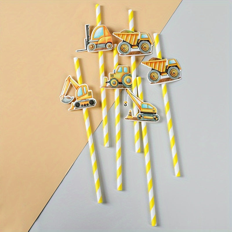 Set of 6 Construction-Themed Paper Straws featuring Yellow Striped Engineer Vehicles - Perfect for Birthday Parties, Baby Showers, Graduations, and Gender Reveals. Decorate your cups with Cartoon Trucks, Excavators, and Cranes!