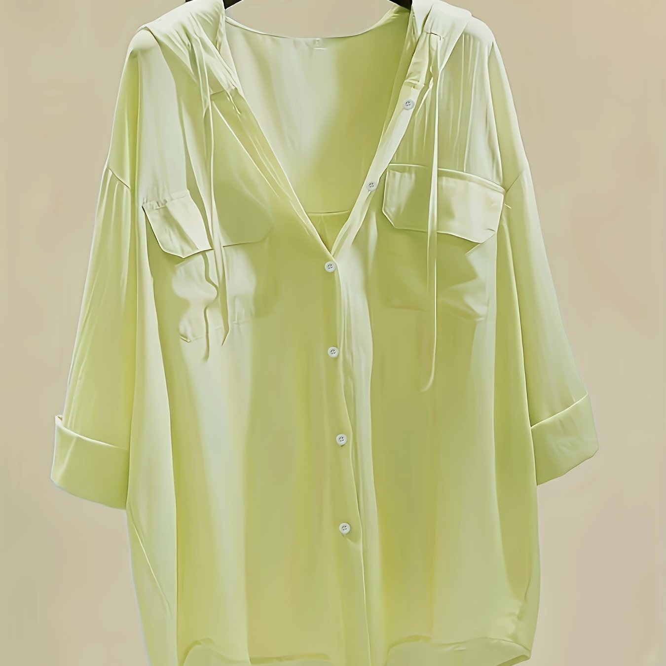 Hooded blouse with button front and pocket, women's casual drawstring top, clothing for women.