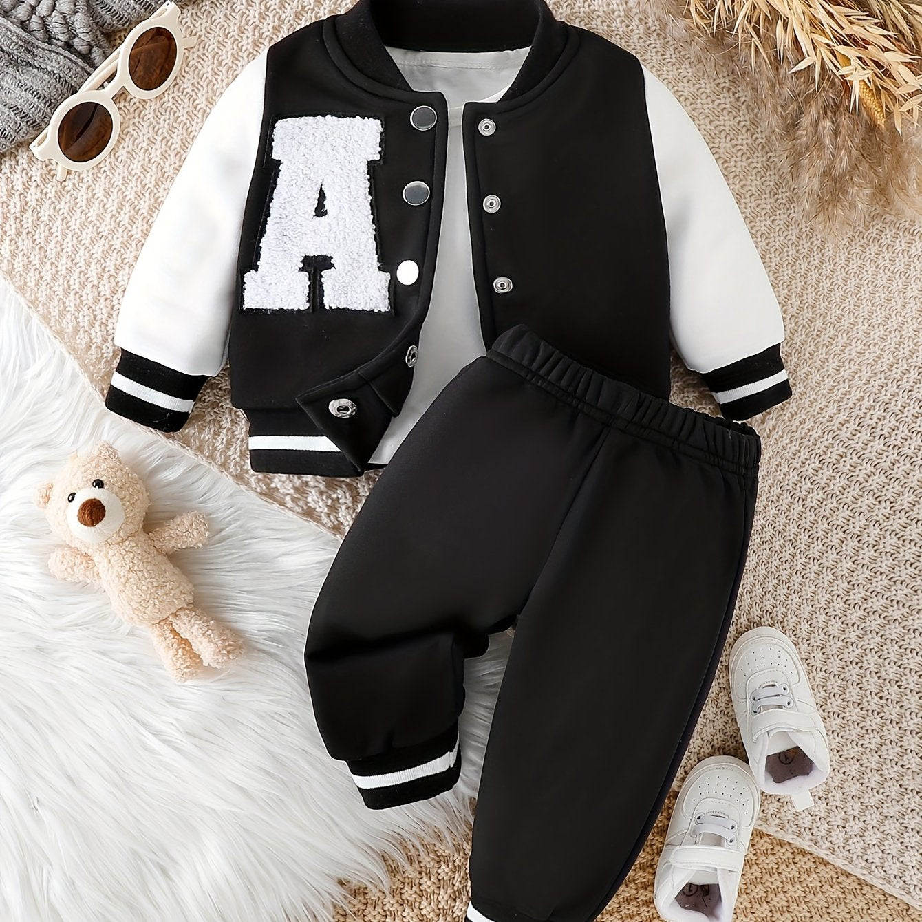 Infant boys' casual outfits for fall/winter: trendy baseball coat and pants set.