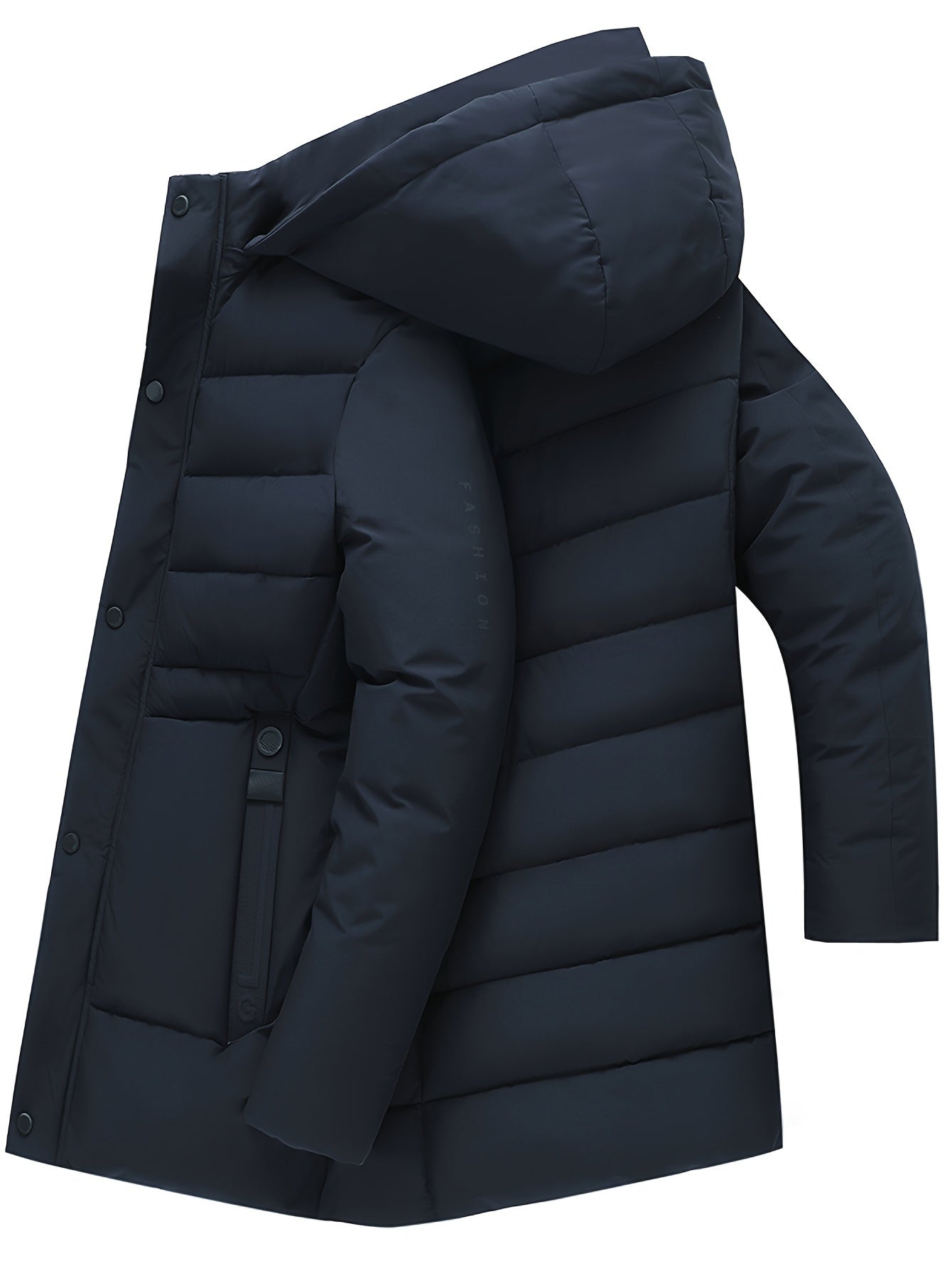 Men's navy blue fleece-lined mid-length jacket with a loose fit, zip-up hood, and pockets for fall/winter.