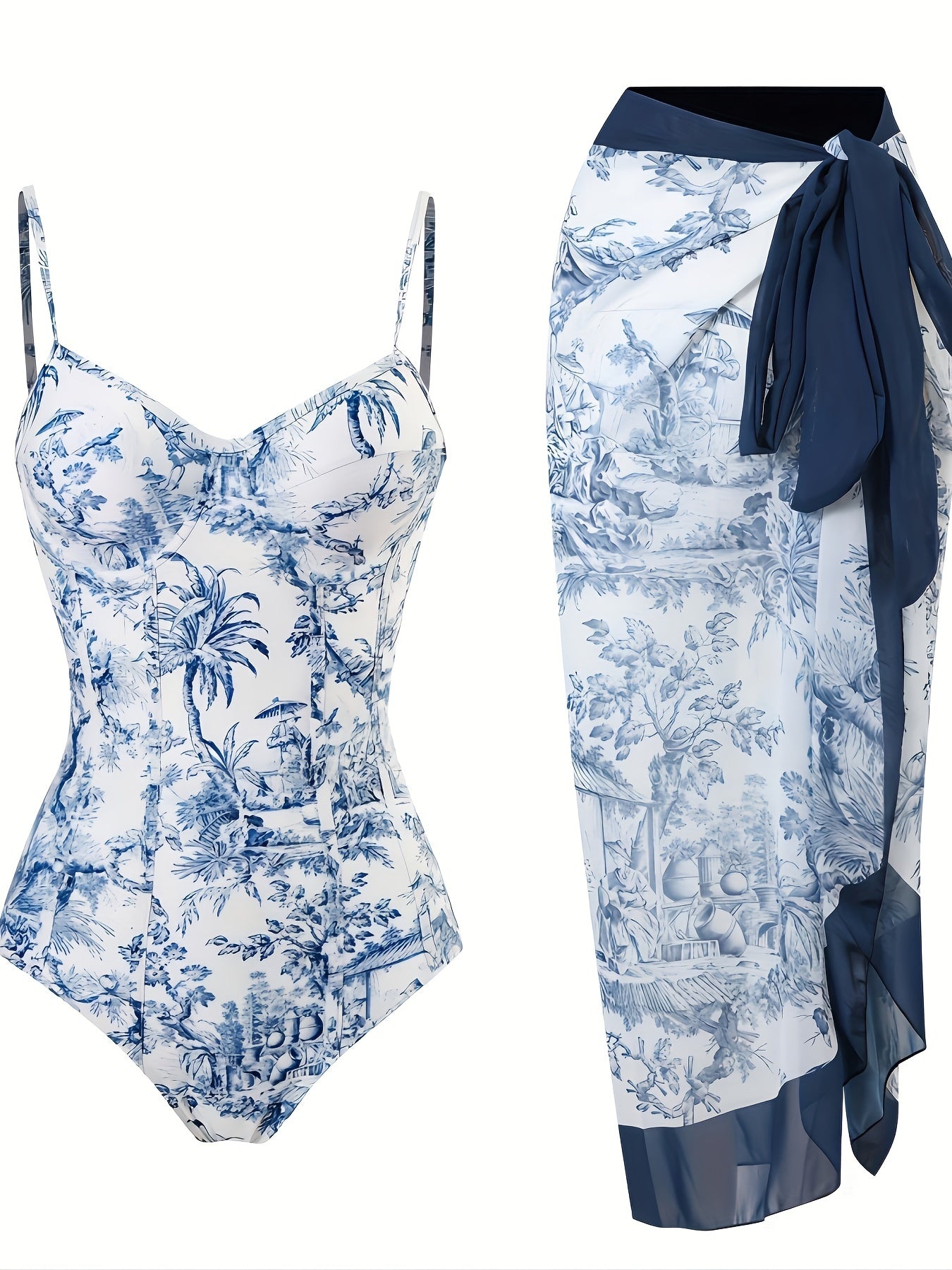 Blue Chinoiserie Print Push Up Swimsuit with Spaghetti Straps