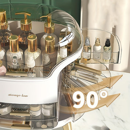 Stylish "Amberley" Makeup Organizer - Portable, Transparent Cosmetic Box with Golden Accents, No Electricity Needed.