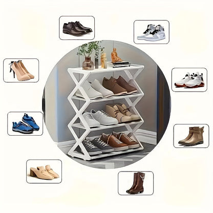 4-Layer Folding Shoe Rack in Retro Black Metal Plastic Style - Floor-Standing Space Saver Organizer for 12 Pairs of Shoes, Perfect for Home and Kitchen Storage Needs. No Electricity Required, Foldable Design.