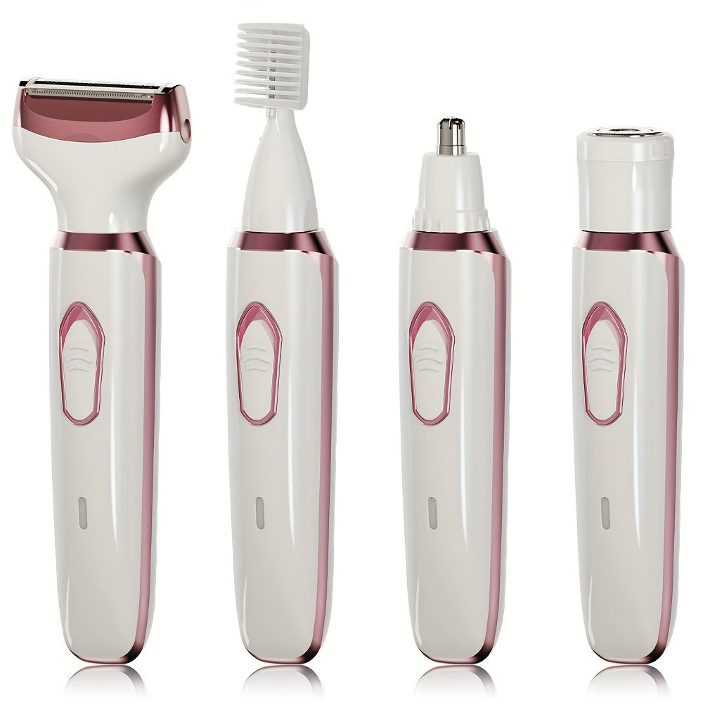 4-in-1 rechargeable electric razor for women. Can be used for face, nose, legs, underarm, and bikini trimming. Wet & dry, painless grooming kit. Portable and rechargeable.