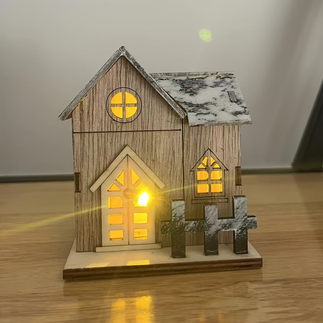 1pc Wooden House Ornaments for Christmas, Luminous LED Tabletop Decor