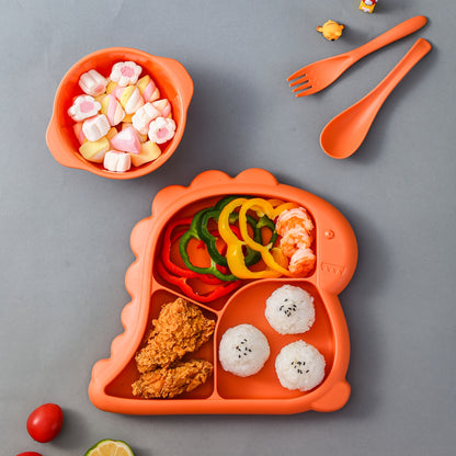 Children's dinnerware set shaped like dinosaurs - made of BPA-free plastic includes plate, bowl, fork, and spoon.