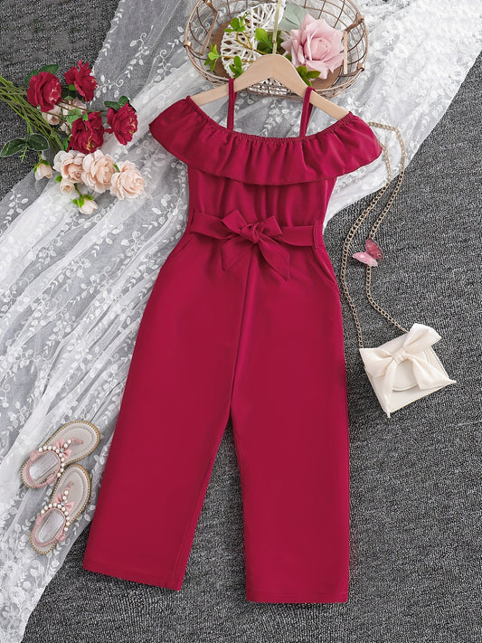 Ruffle cami romper with off-shoulder style and belt, perfect for girls' summer, spring, or autumn wardrobe.