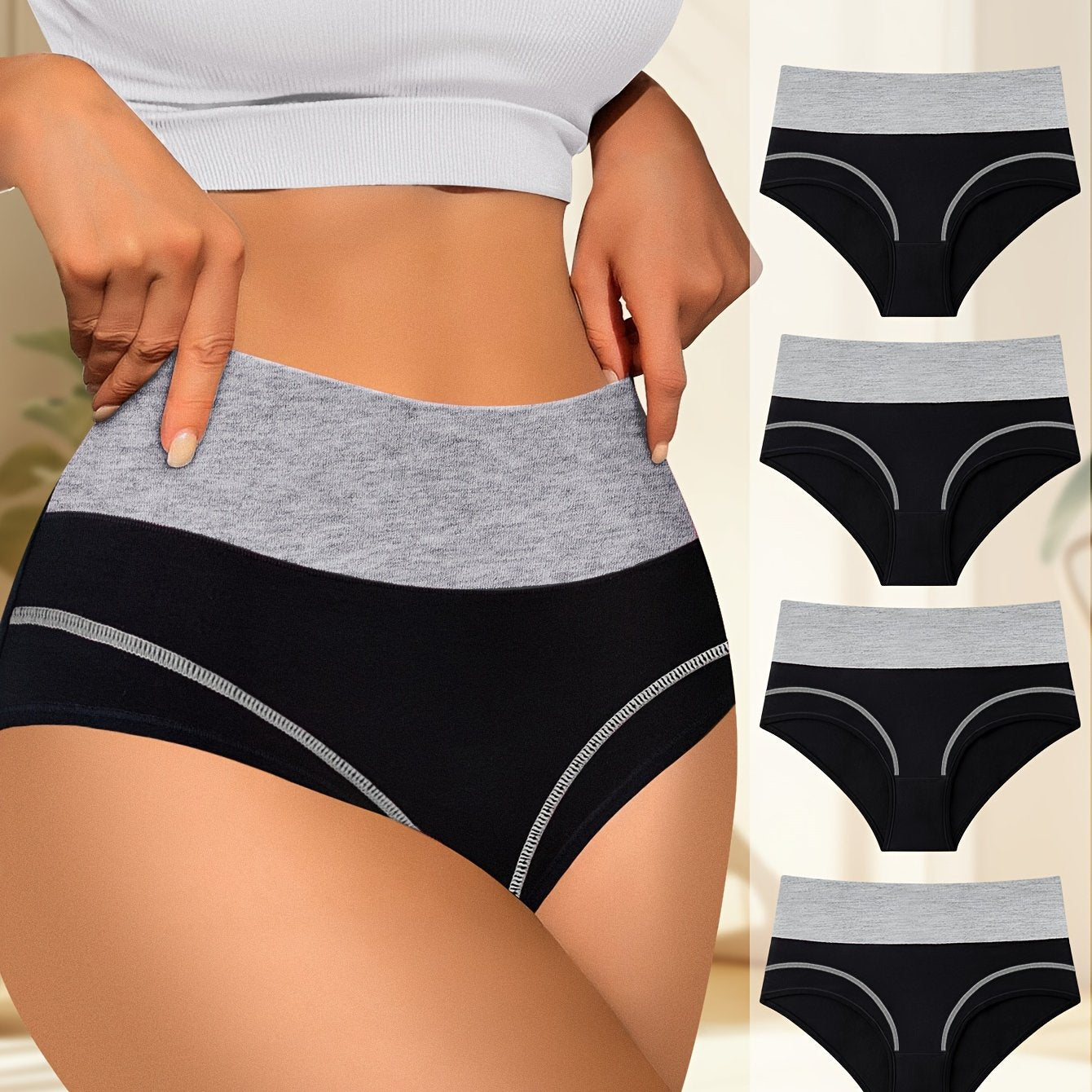 4 high waist tummy control panties with contrast color, comfortable fit.