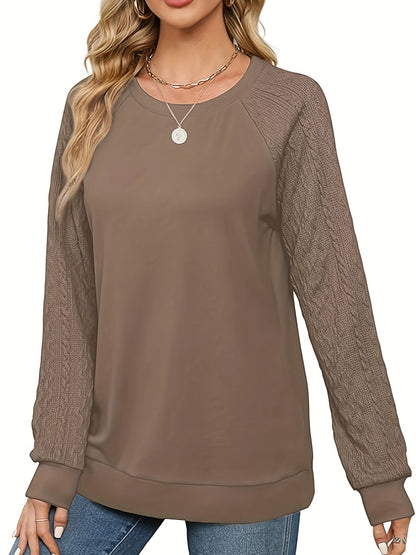 Womens' casual brown cable knit sweater with long sleeves, round neck, stretchy polyester blend. Machine washable and cozy.