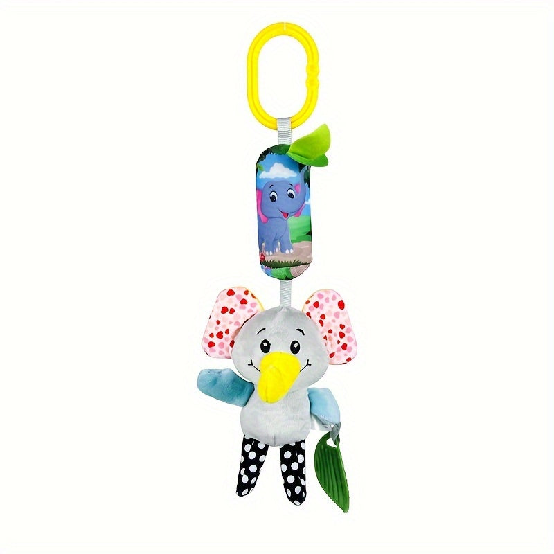 Cute Animal Wind Chime Teething Toy featuring Cartoon Fox, Blue Cat, Monkey, Elephant & Owl - Great for Babies' Crib or Car Seat - Perfect for Christmas, Thanksgiving, Halloween, and Easter gifting.