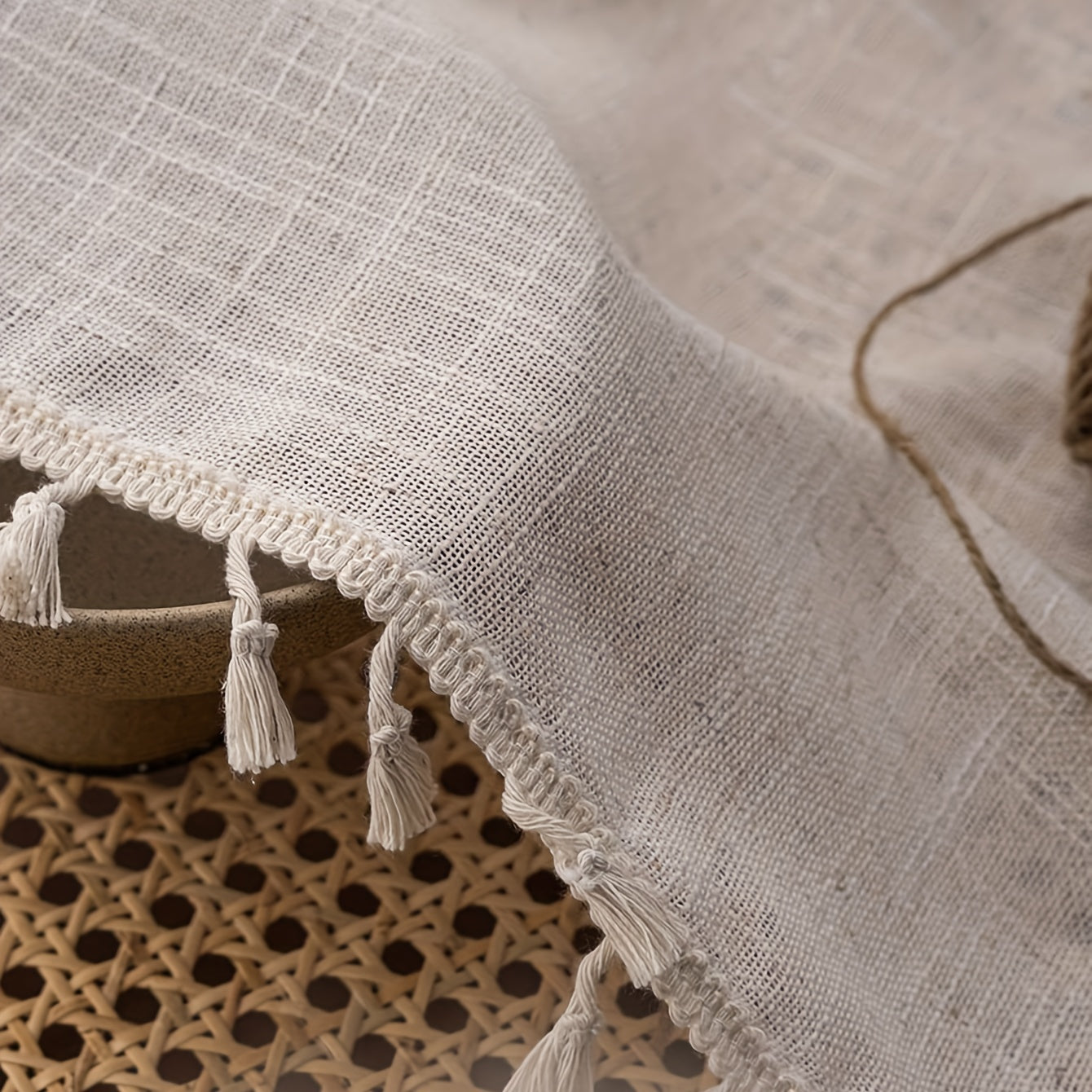 Beige lace linen sheer curtain with tassels, perfect for adding a touch of elegance to your bedroom, office, kitchen, living room, study, or home decor. Features a rod pocket for easy hanging.