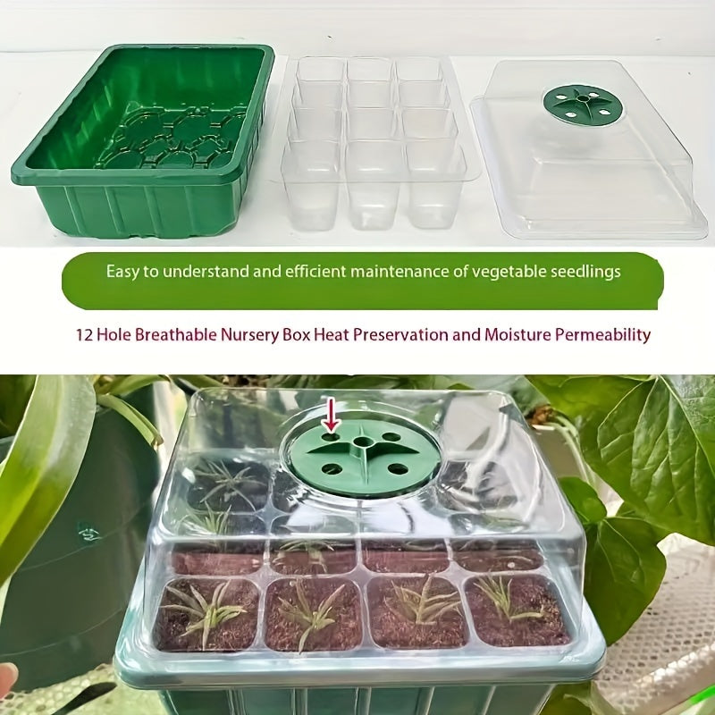 5-piece plastic germination tray set with adjustable vents for vegetables, flowers, and succulents. Reusable and breathable, includes plaid accessory and special function features.