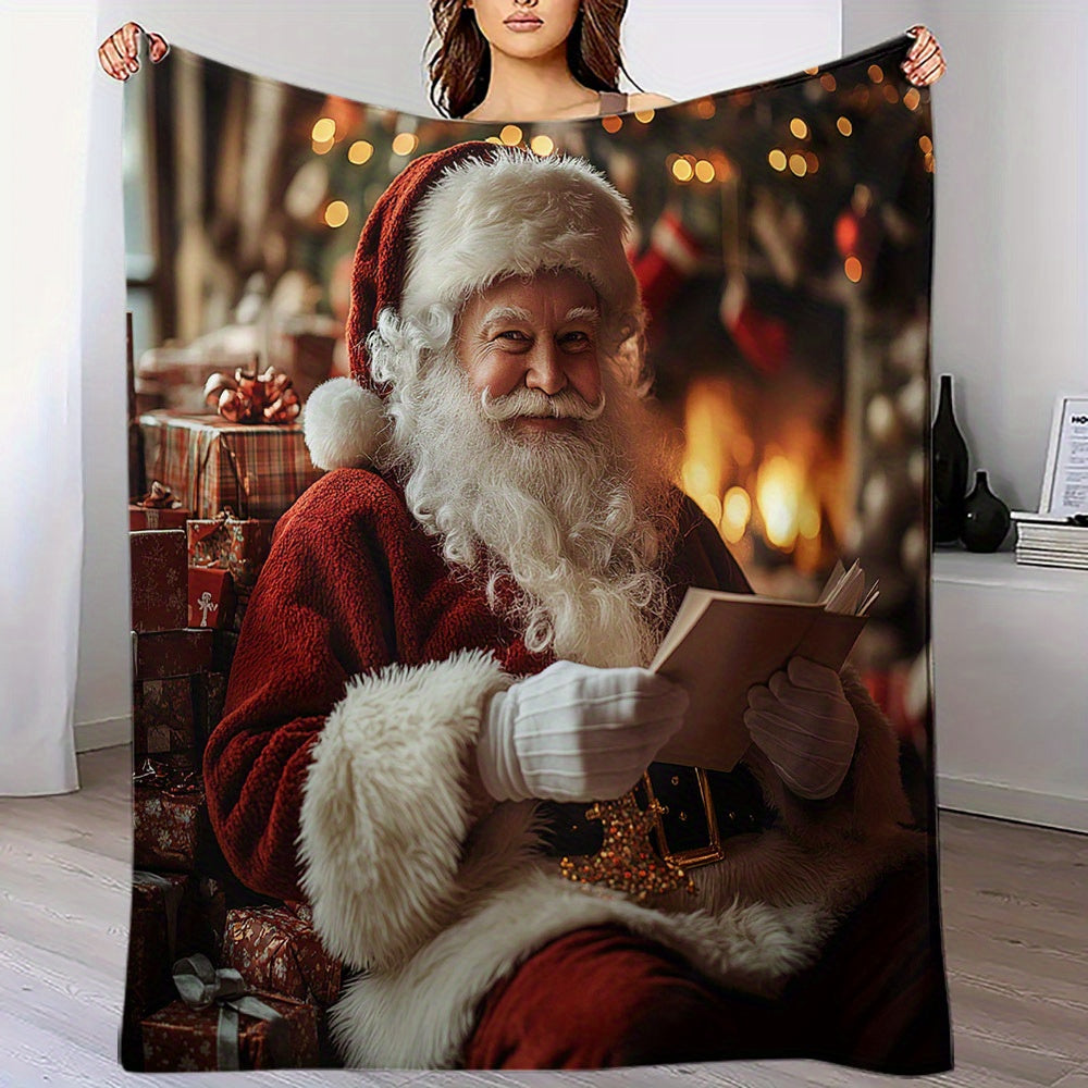 Cozy Flannel Fleece Throw Blanket featuring a Digital Cartoon Santa Print - Hypoallergenic Quilted All-Season Throw, perfect for keeping warm during naps. Makes an Ideal Christmas Gift for Family and Friends. Designed with a Contemporary Geometric