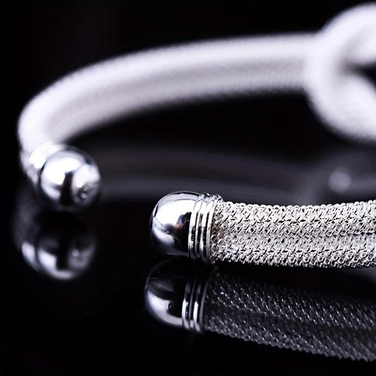 Braided Mesh Open Hand Ring Bracelet in Silvery S925, Unisex Design for Men and Women with Matching Models