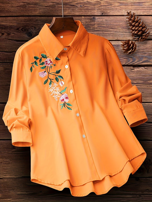 Embroidered floral button-up shirt for women, perfect for spring and fall.