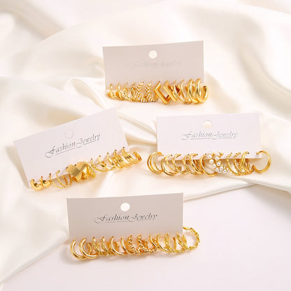 48pcs Golden-Tone Hoop Earrings Set - Zinc Alloy with Stainless Steel Posts, Ideal for Casual Wear & Gifting, Novelty Design